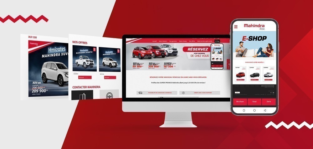 Maquettes mobiles et desktop du site Mahindra mettant en avant les gammes de véhicules disponibles au Maroc.